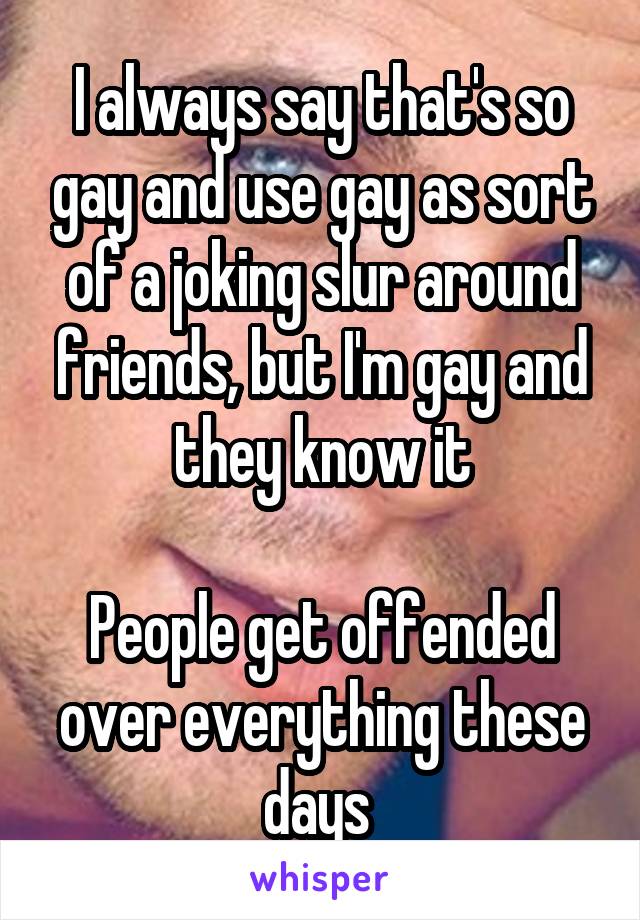 I always say that's so gay and use gay as sort of a joking slur around friends, but I'm gay and they know it

People get offended over everything these days 