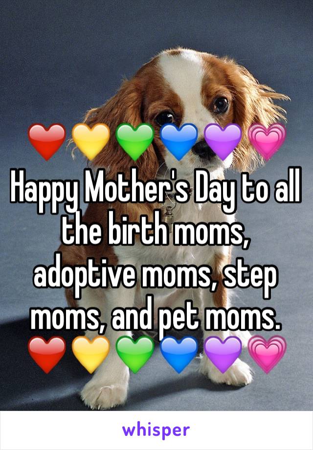 
❤️💛💚💙💜💗
Happy Mother's Day to all the birth moms, adoptive moms, step moms, and pet moms. 
❤️💛💚💙💜💗