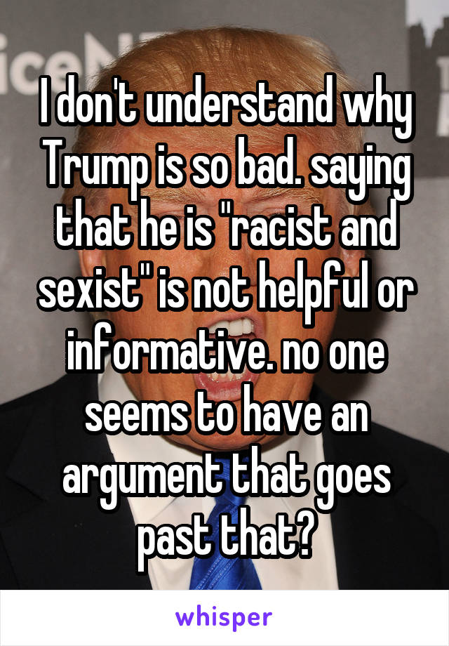 I don't understand why Trump is so bad. saying that he is "racist and sexist" is not helpful or informative. no one seems to have an argument that goes past that?