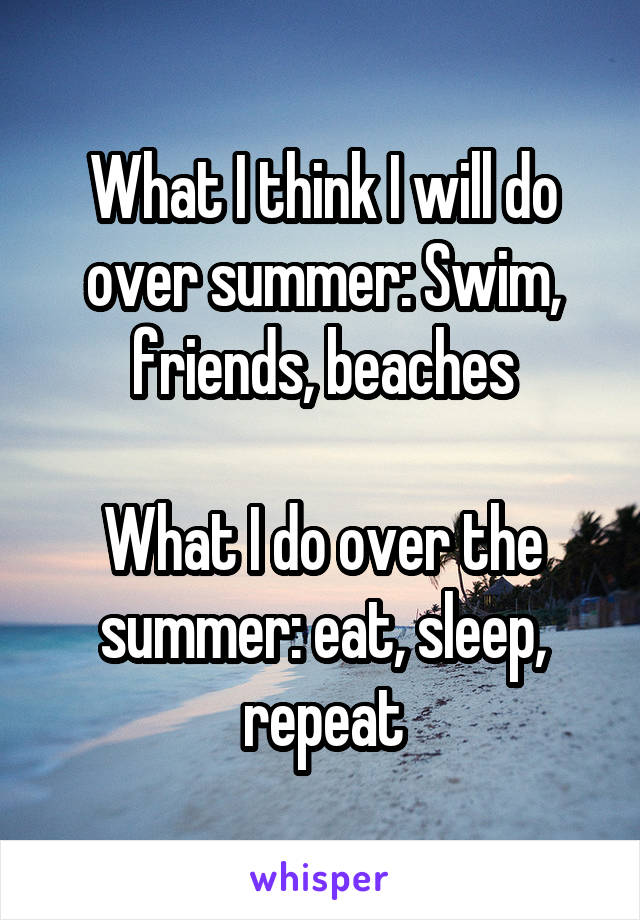 What I think I will do over summer: Swim, friends, beaches

What I do over the summer: eat, sleep, repeat