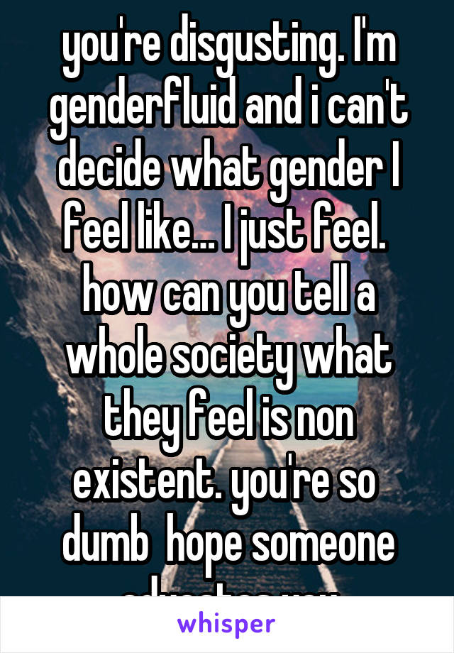 you're disgusting. I'm genderfluid and i can't decide what gender I feel like… I just feel. 
how can you tell a whole society what they feel is non existent. you're so  dumb  hope someone educates you