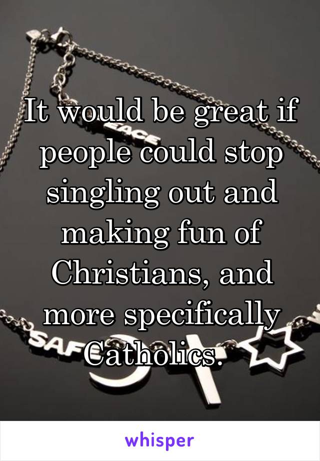 It would be great if people could stop singling out and making fun of Christians, and more specifically Catholics.  