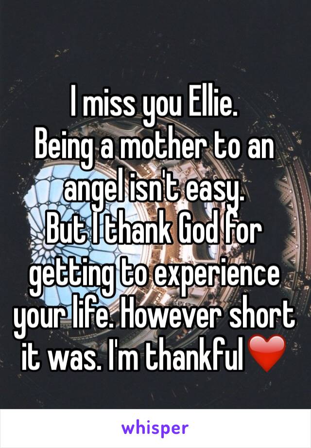 I miss you Ellie. 
Being a mother to an angel isn't easy. 
But I thank God for getting to experience your life. However short it was. I'm thankful❤️