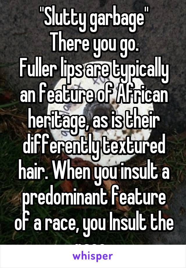 "Slutty garbage"
There you go.
Fuller lips are typically an feature of African heritage, as is their differently textured hair. When you insult a predominant feature of a race, you Insult the race. 