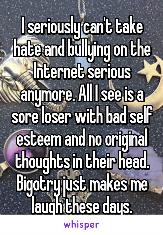 I seriously can't take hate and bullying on the Internet serious anymore. All I see is a sore loser with bad self esteem and no original thoughts in their head. Bigotry just makes me laugh these days.