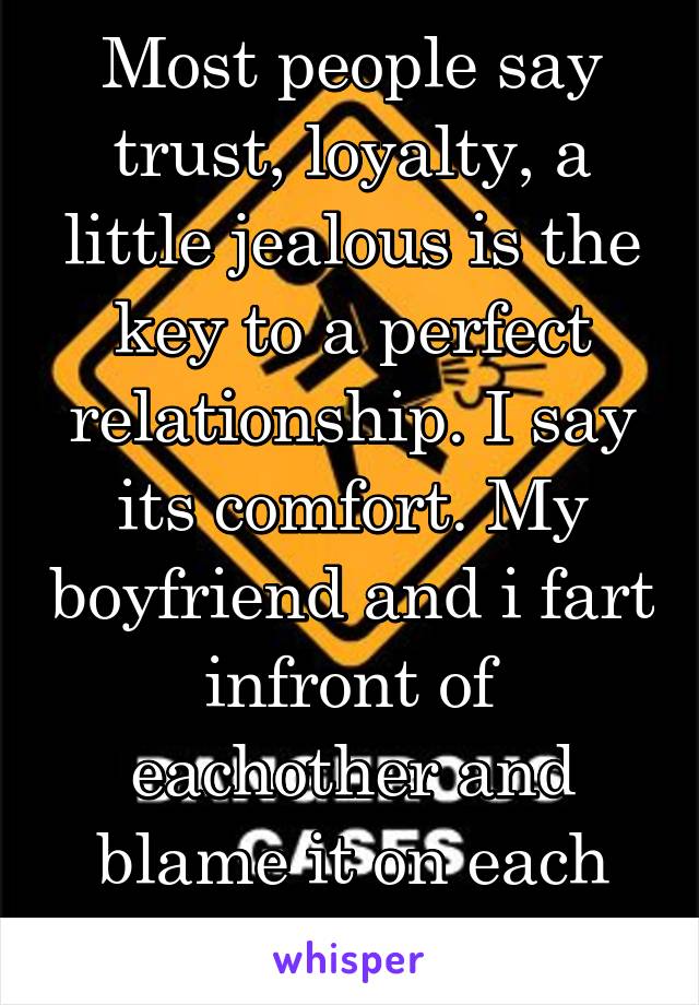 Most people say trust, loyalty, a little jealous is the key to a perfect relationship. I say its comfort. My boyfriend and i fart infront of eachother and blame it on each other too.