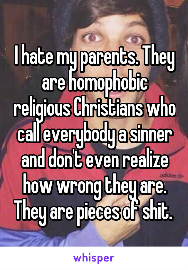 I hate my parents. They are homophobic religious Christians who call everybody a sinner and don't even realize how wrong they are. They are pieces of shit. 