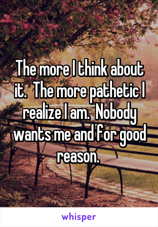 The more I think about it.  The more pathetic I realize I am.  Nobody wants me and for good reason. 