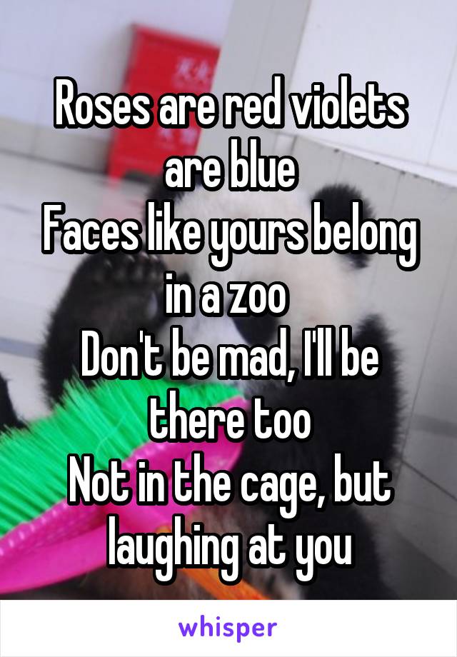 Roses are red violets are blue
Faces like yours belong in a zoo 
Don't be mad, I'll be there too
Not in the cage, but laughing at you