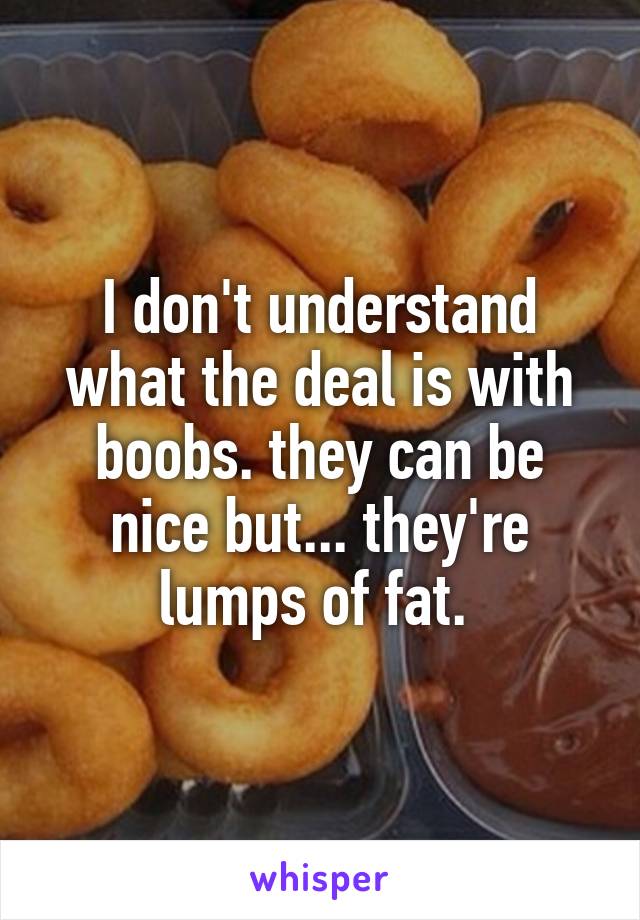 I don't understand what the deal is with boobs. they can be nice but... they're lumps of fat. 