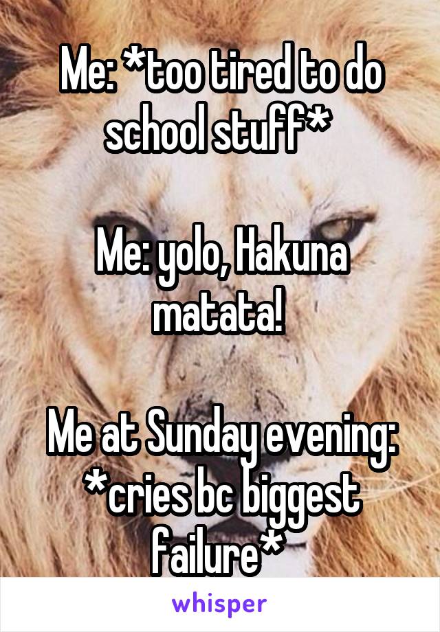 Me: *too tired to do school stuff* 

Me: yolo, Hakuna matata! 

Me at Sunday evening: *cries bc biggest failure* 