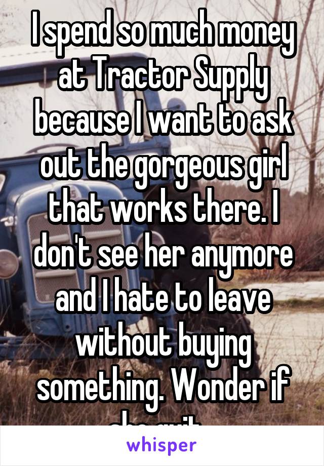 I spend so much money at Tractor Supply because I want to ask out the gorgeous girl that works there. I don't see her anymore and I hate to leave without buying something. Wonder if she quit...