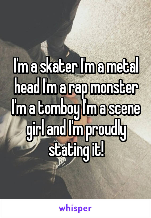 I'm a skater I'm a metal head I'm a rap monster I'm a tomboy I'm a scene girl and I'm proudly stating it!