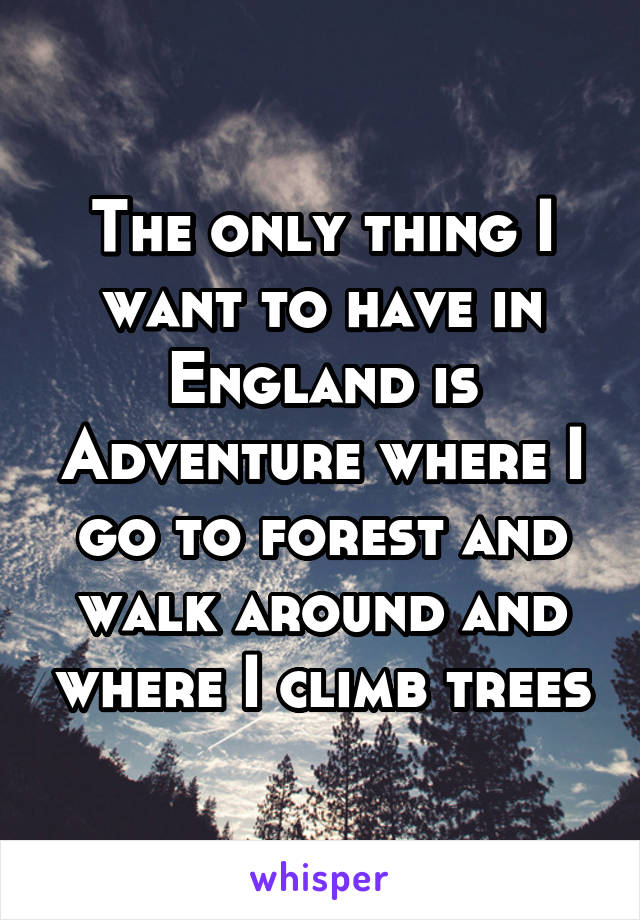 The only thing I want to have in England is Adventure where I go to forest and walk around and where I climb trees