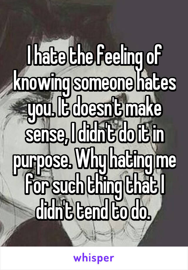 I hate the feeling of knowing someone hates you. It doesn't make sense, I didn't do it in purpose. Why hating me for such thing that I didn't tend to do. 