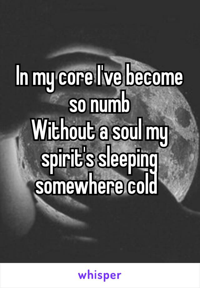 In my core I've become so numb
Without a soul my spirit's sleeping somewhere cold 