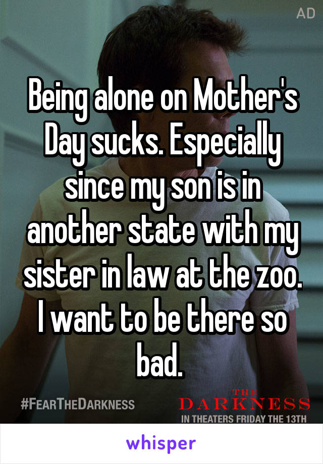 Being alone on Mother's Day sucks. Especially since my son is in another state with my sister in law at the zoo. I want to be there so bad. 