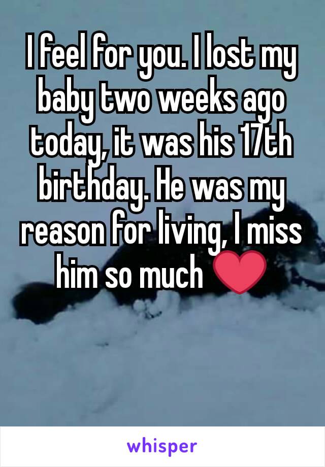 I feel for you. I lost my baby two weeks ago today, it was his 17th birthday. He was my reason for living, I miss him so much ❤