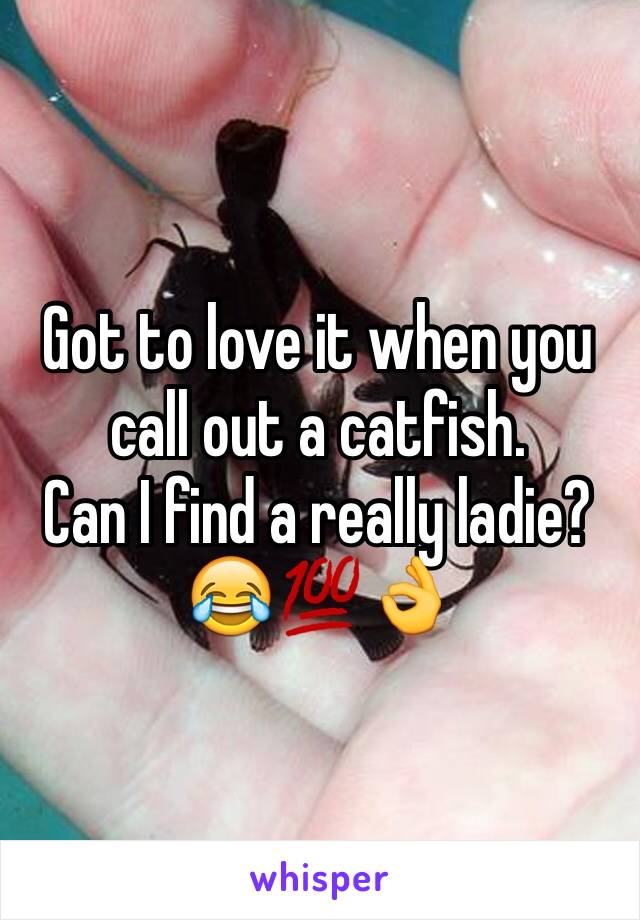 Got to love it when you call out a catfish. 
Can I find a really ladie?
😂💯👌