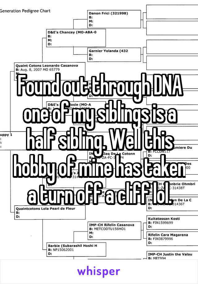 Found out through DNA one of my siblings is a half sibling. Well this hobby of mine has taken a turn off a cliff lol.