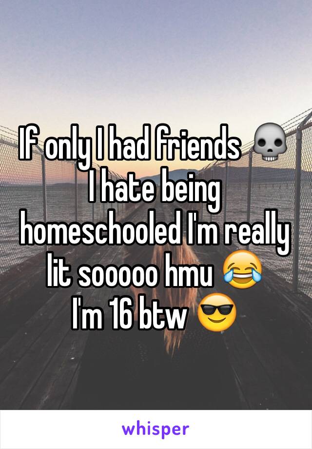 If only I had friends 💀
I hate being homeschooled I'm really lit sooooo hmu 😂         I'm 16 btw 😎