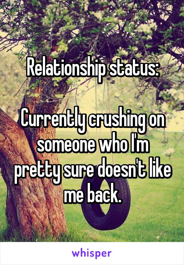 Relationship status:

Currently crushing on someone who I'm pretty sure doesn't like me back.