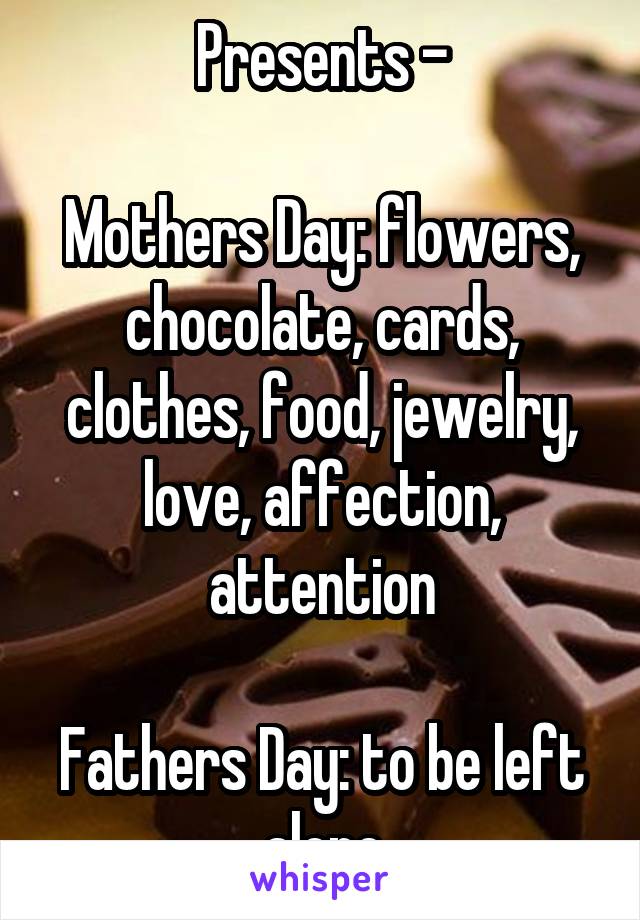 Presents -

Mothers Day: flowers, chocolate, cards, clothes, food, jewelry, love, affection, attention

Fathers Day: to be left alone