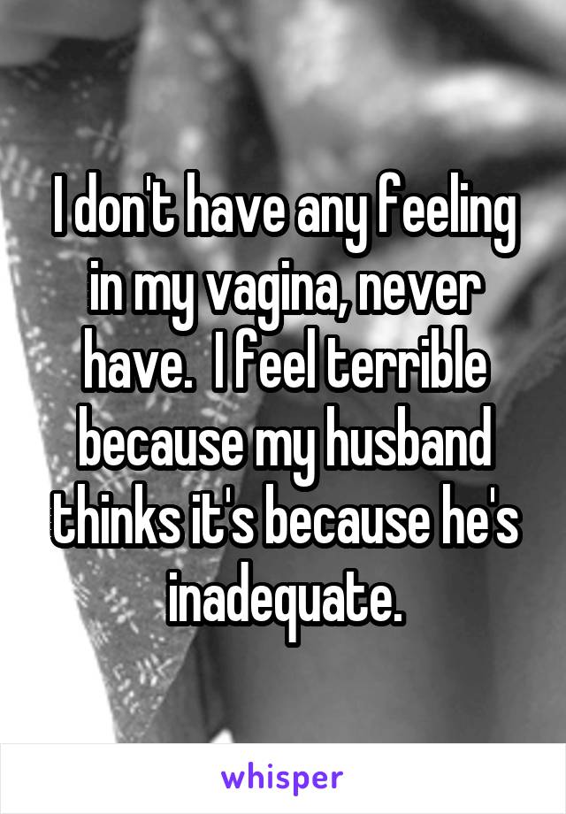 I don't have any feeling in my vagina, never have.  I feel terrible because my husband thinks it's because he's inadequate.