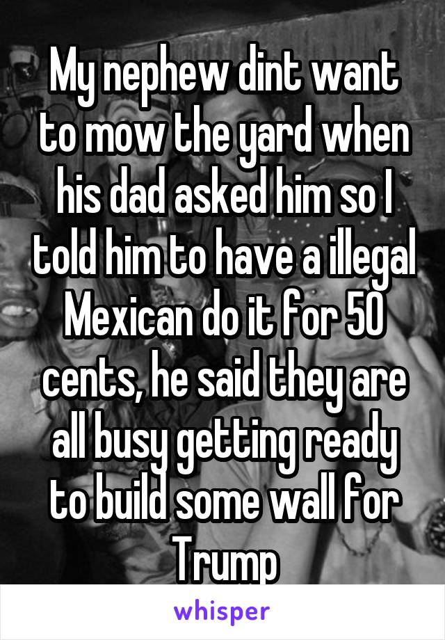 My nephew dint want to mow the yard when his dad asked him so I told him to have a illegal Mexican do it for 50 cents, he said they are all busy getting ready to build some wall for Trump