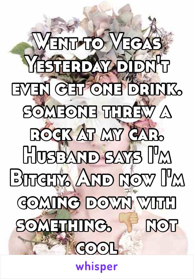 Went to Vegas Yesterday didn't even get one drink. someone threw a rock at my car. Husband says I'm Bitchy. And now I'm coming down with something. 👎🏼 not cool