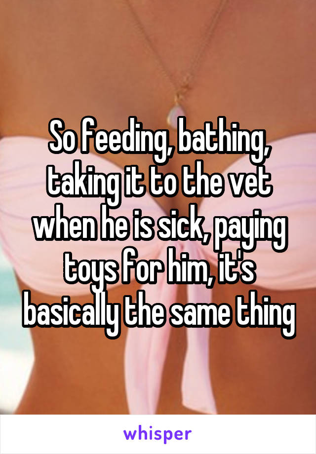 So feeding, bathing, taking it to the vet when he is sick, paying toys for him, it's basically the same thing