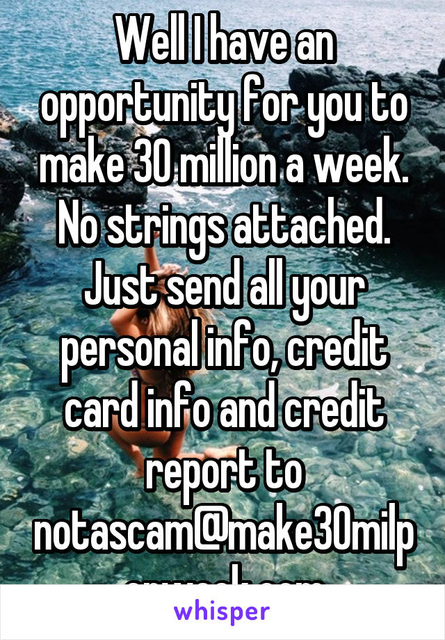 Well I have an opportunity for you to make 30 million a week. No strings attached. Just send all your personal info, credit card info and credit report to notascam@make30milperweek.com