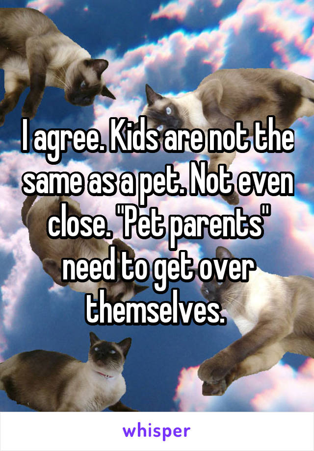 I agree. Kids are not the same as a pet. Not even close. "Pet parents" need to get over themselves. 