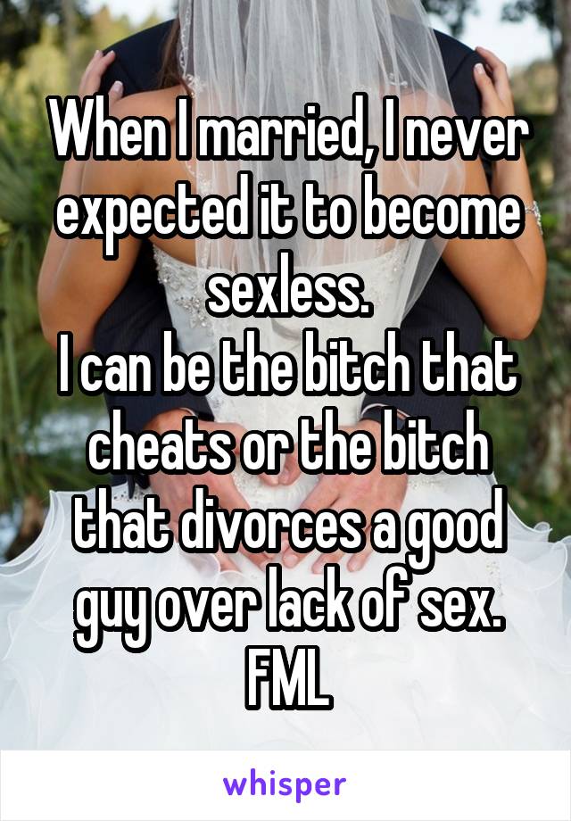 When I married, I never expected it to become sexless.
I can be the bitch that cheats or the bitch that divorces a good guy over lack of sex.
FML