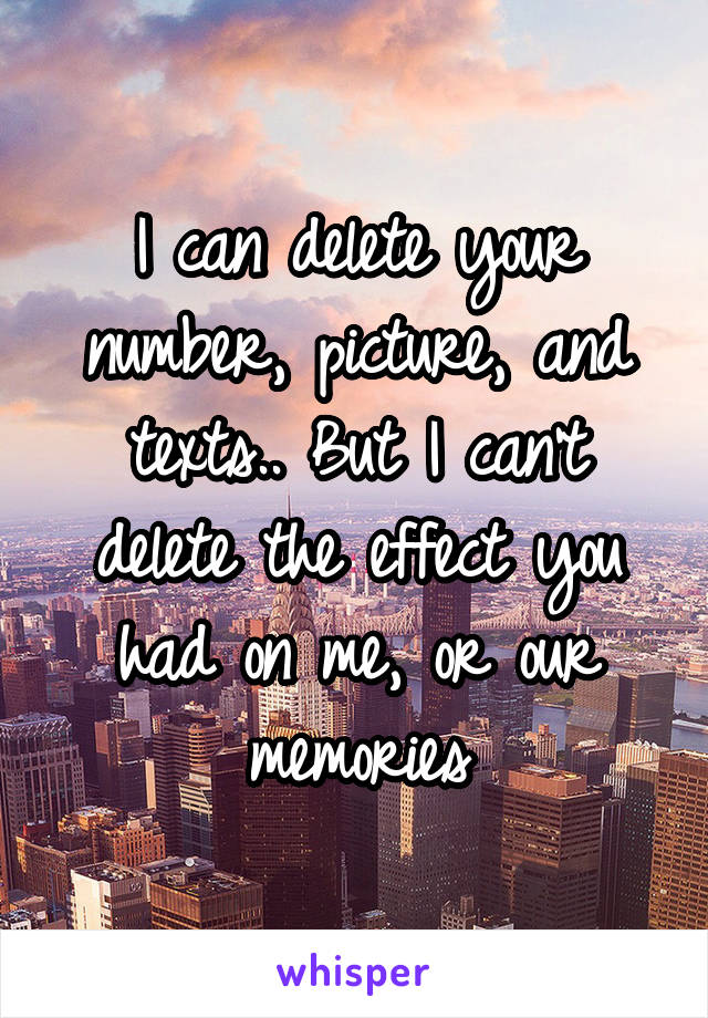 I can delete your number, picture, and texts.. But I can't delete the effect you had on me, or our memories