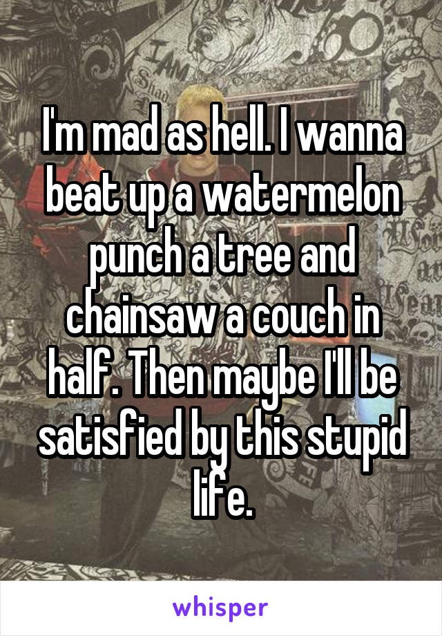 I'm mad as hell. I wanna beat up a watermelon punch a tree and chainsaw a couch in half. Then maybe I'll be satisfied by this stupid life.