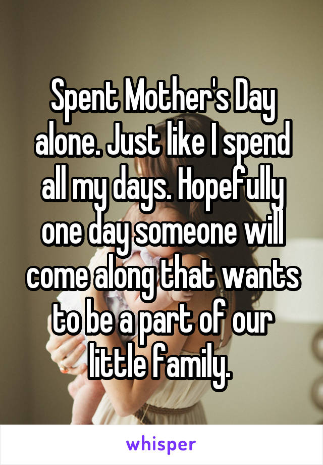 Spent Mother's Day alone. Just like I spend all my days. Hopefully one day someone will come along that wants to be a part of our little family. 