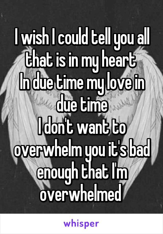 I wish I could tell you all that is in my heart 
In due time my love in due time
I don't want to overwhelm you it's bad enough that I'm overwhelmed 