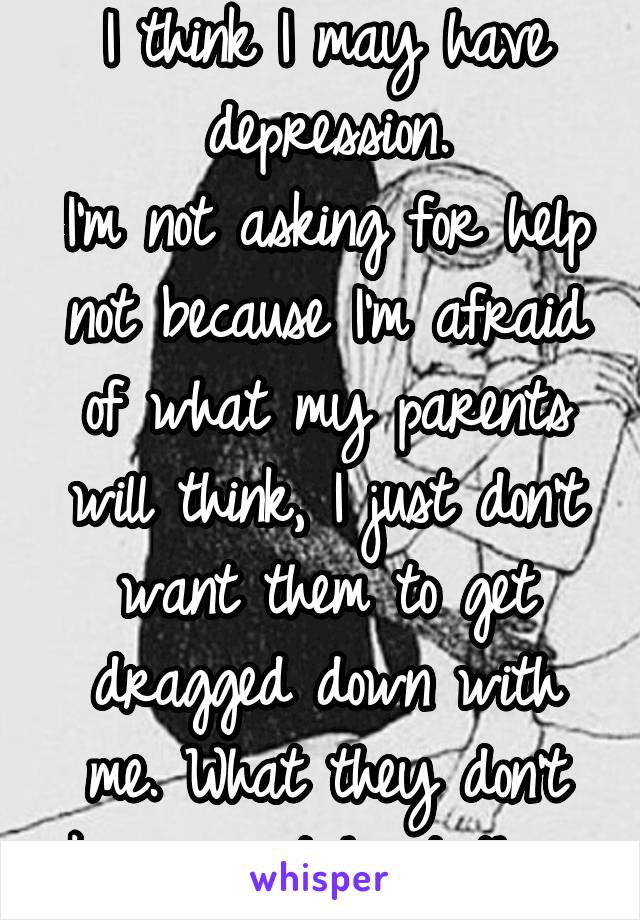 I think I may have depression.
I'm not asking for help not because I'm afraid of what my parents will think, I just don't want them to get dragged down with me. What they don't know can't hurt them.