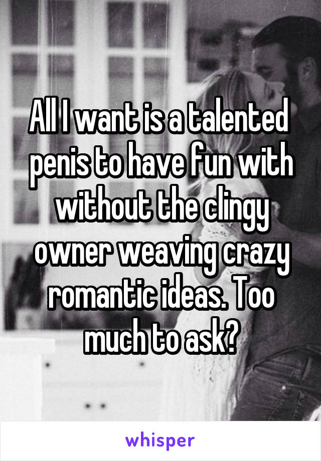 All I want is a talented  penis to have fun with without the clingy owner weaving crazy romantic ideas. Too much to ask?