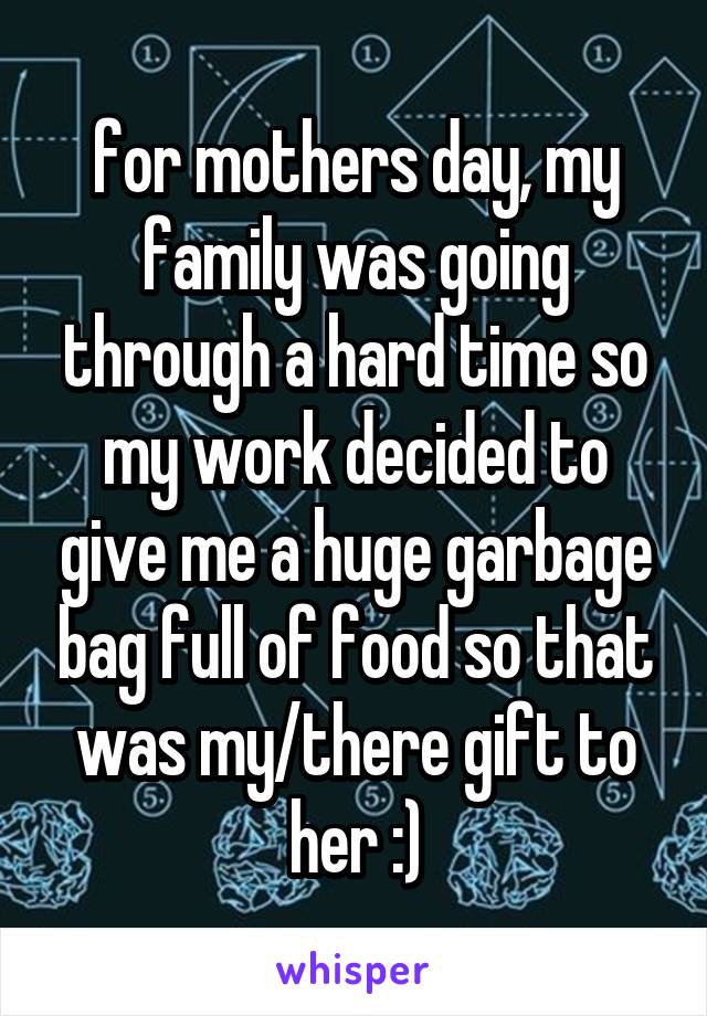 for mothers day, my family was going through a hard time so my work decided to give me a huge garbage bag full of food so that was my/there gift to her :)