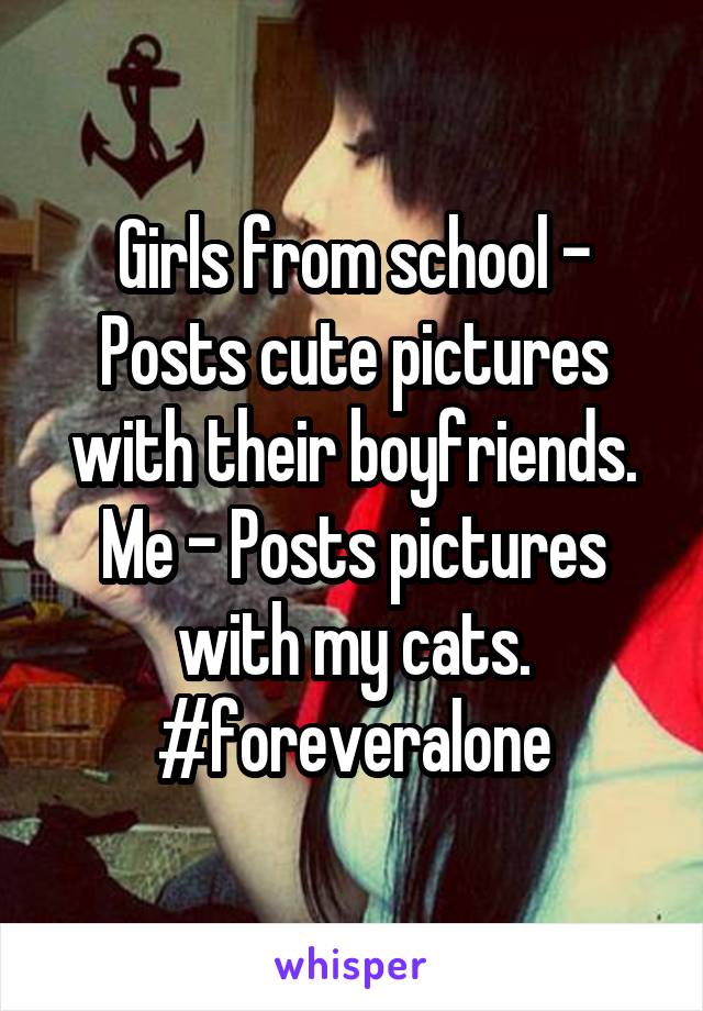 Girls from school - Posts cute pictures with their boyfriends.
Me - Posts pictures with my cats.
#foreveralone