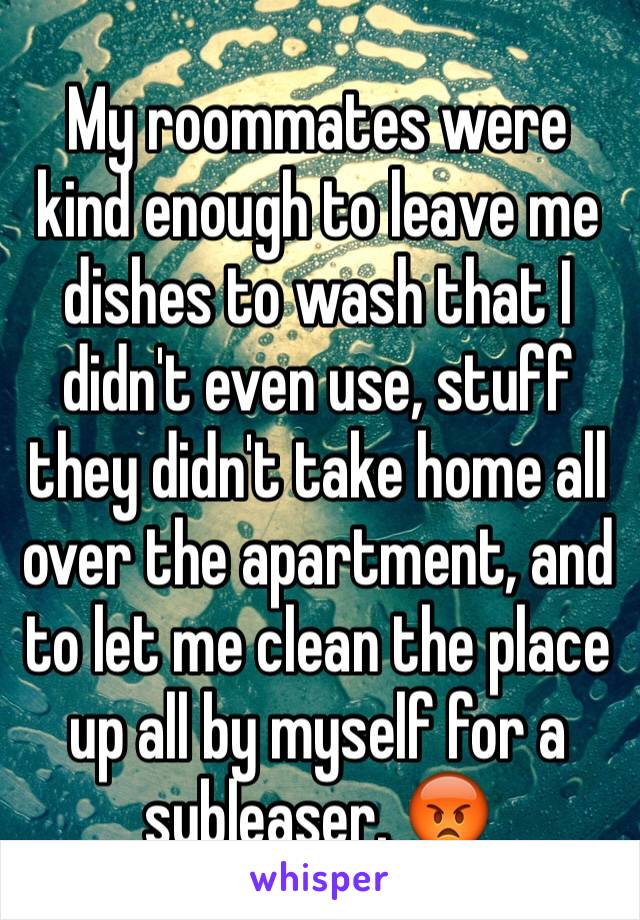 My roommates were kind enough to leave me dishes to wash that I didn't even use, stuff they didn't take home all over the apartment, and to let me clean the place up all by myself for a subleaser. 😡