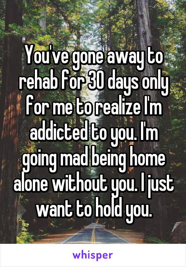 You've gone away to rehab for 30 days only for me to realize I'm addicted to you. I'm going mad being home alone without you. I just want to hold you.