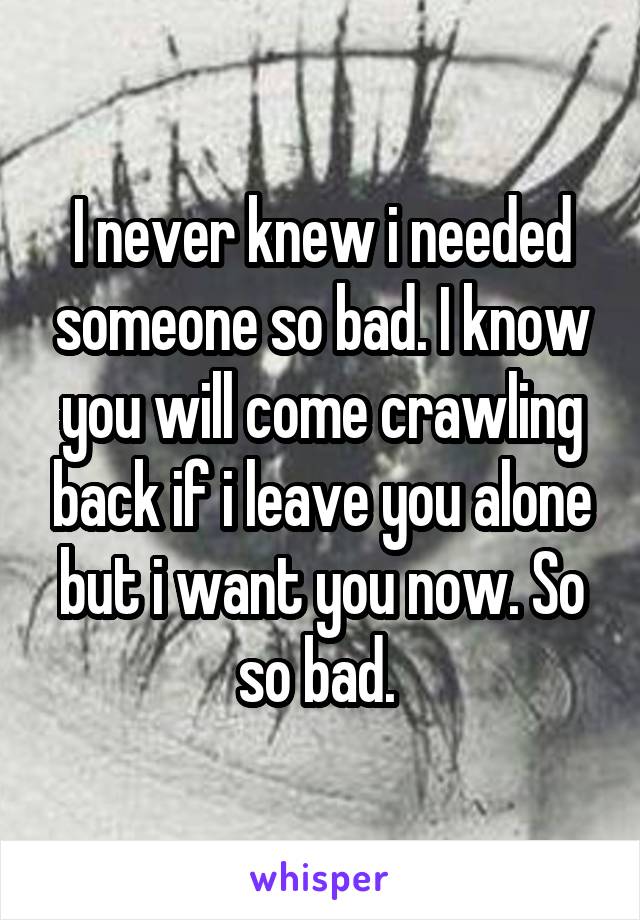 I never knew i needed someone so bad. I know you will come crawling back if i leave you alone but i want you now. So so bad. 