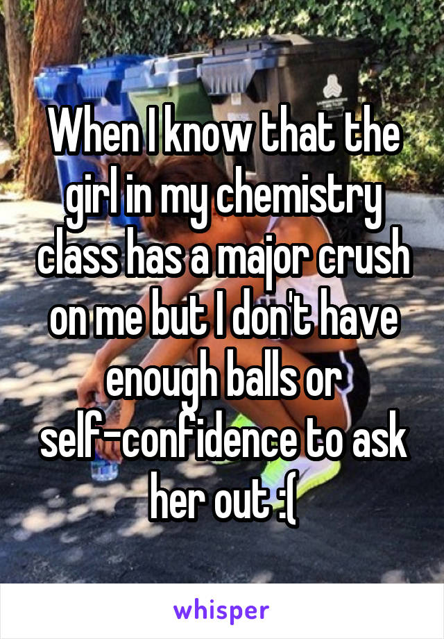 When I know that the girl in my chemistry class has a major crush on me but I don't have enough balls or self-confidence to ask her out :(