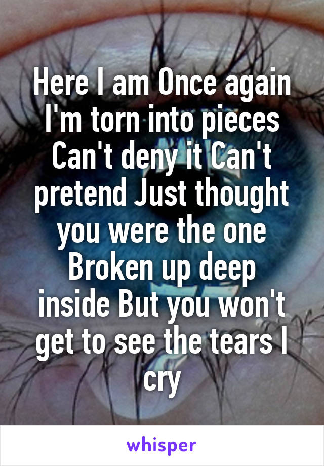 Here I am Once again I'm torn into pieces Can't deny it Can't pretend Just thought you were the one
Broken up deep inside But you won't get to see the tears I cry