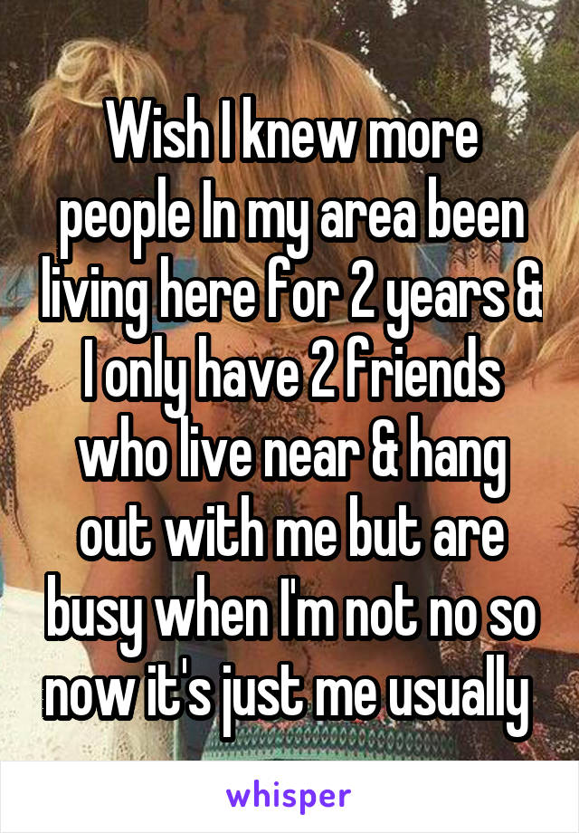 Wish I knew more people In my area been living here for 2 years & I only have 2 friends who live near & hang out with me but are busy when I'm not no so now it's just me usually 