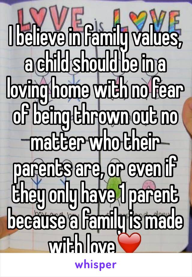 I believe in family values, a child should be in a loving home with no fear of being thrown out no matter who their parents are, or even if they only have 1 parent because a family is made with love❤️