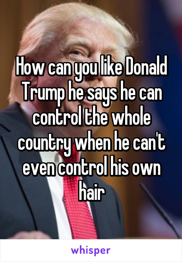 How can you like Donald Trump he says he can control the whole country when he can't even control his own hair